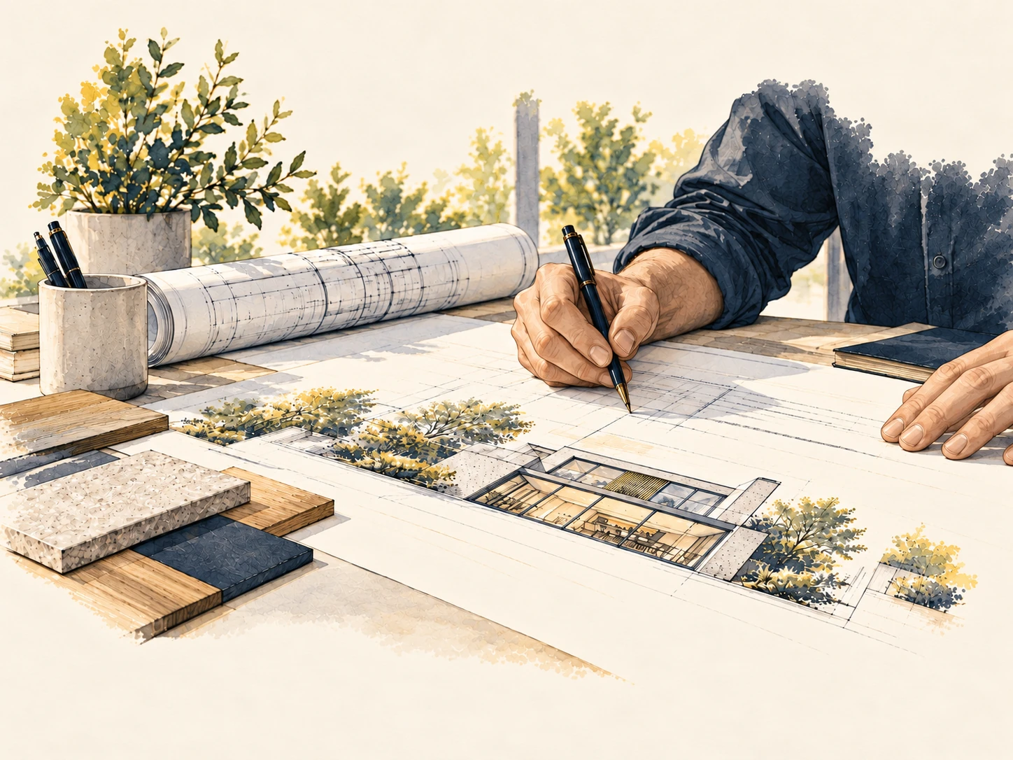 Illustration of architectural plans being reviewed and annotated