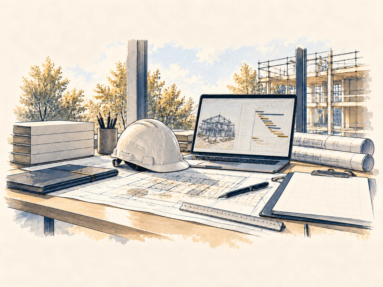 Architectural planning desk and construction information illustration